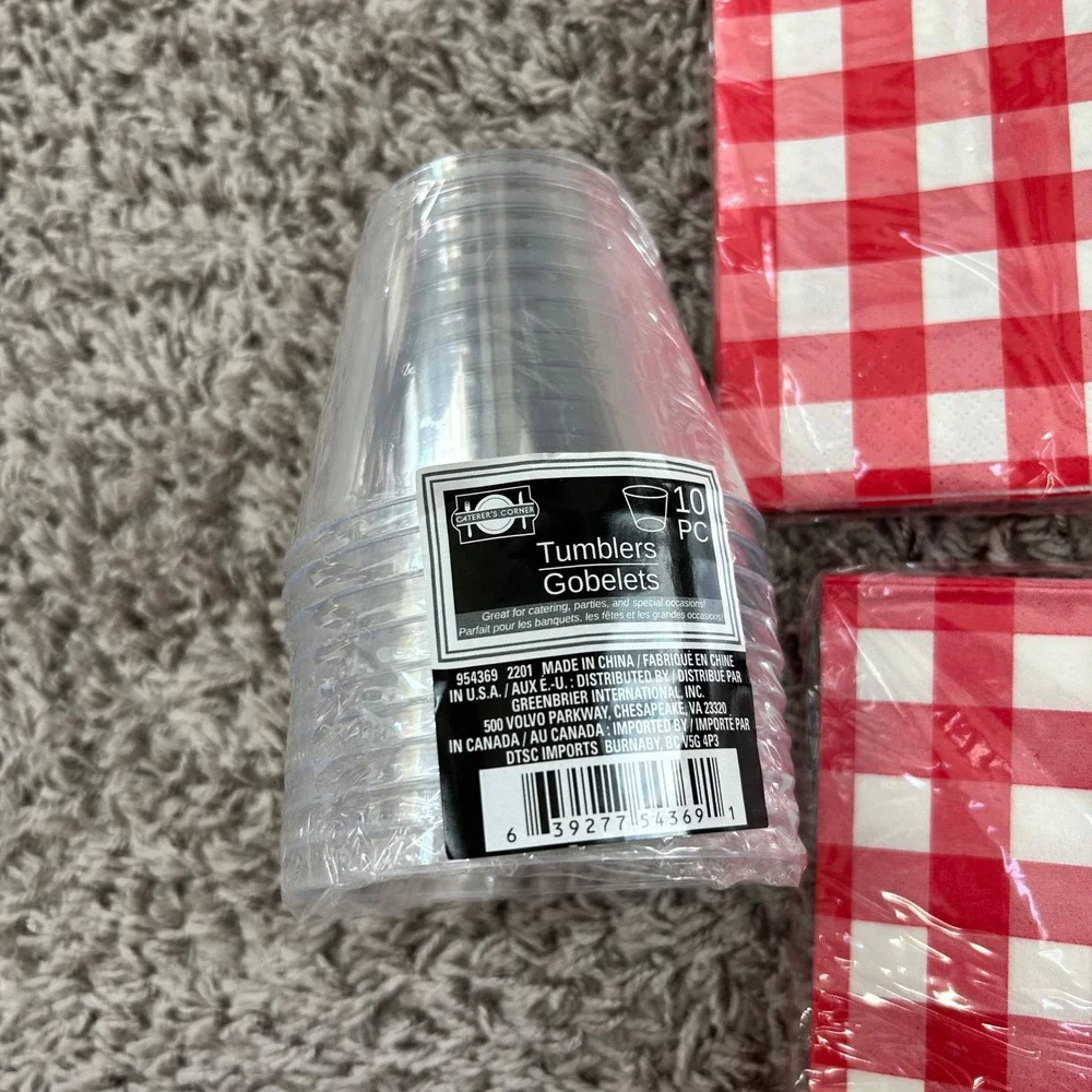 Red Gingham Picnic Party Supplies Napkins Tumblers Water Glasses Set 5 Packs NEW